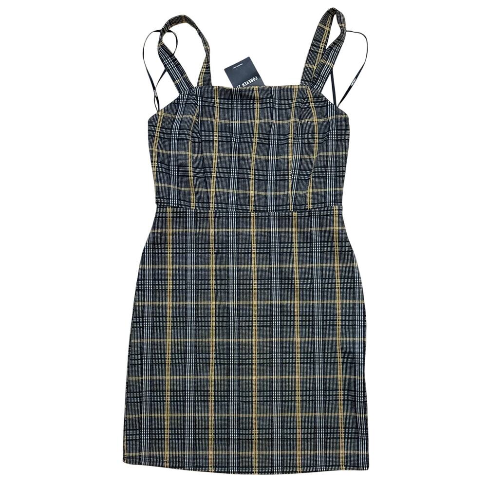 Forever 21 dress black white camel plaid checkered bodycon NWT Small